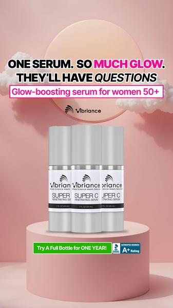 A minimalist, high-contrast ad featuring a product trio of skin serum on a pedestal, emphasizing a glow-boosting benefit for women over 50.